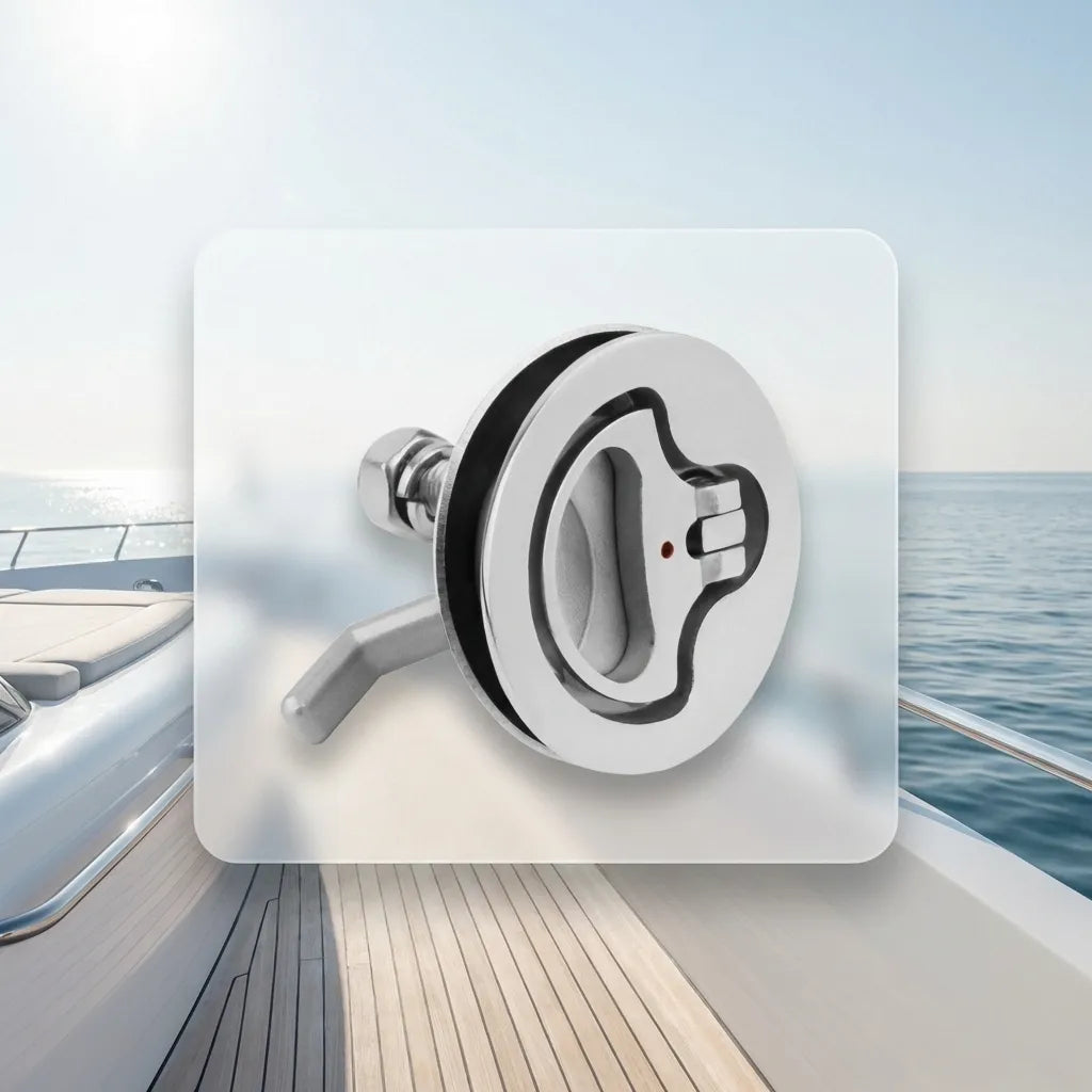 Marine turning lock latch overlaid on a sunlit yacht deck background, emphasizing nautical aesthetic and security.