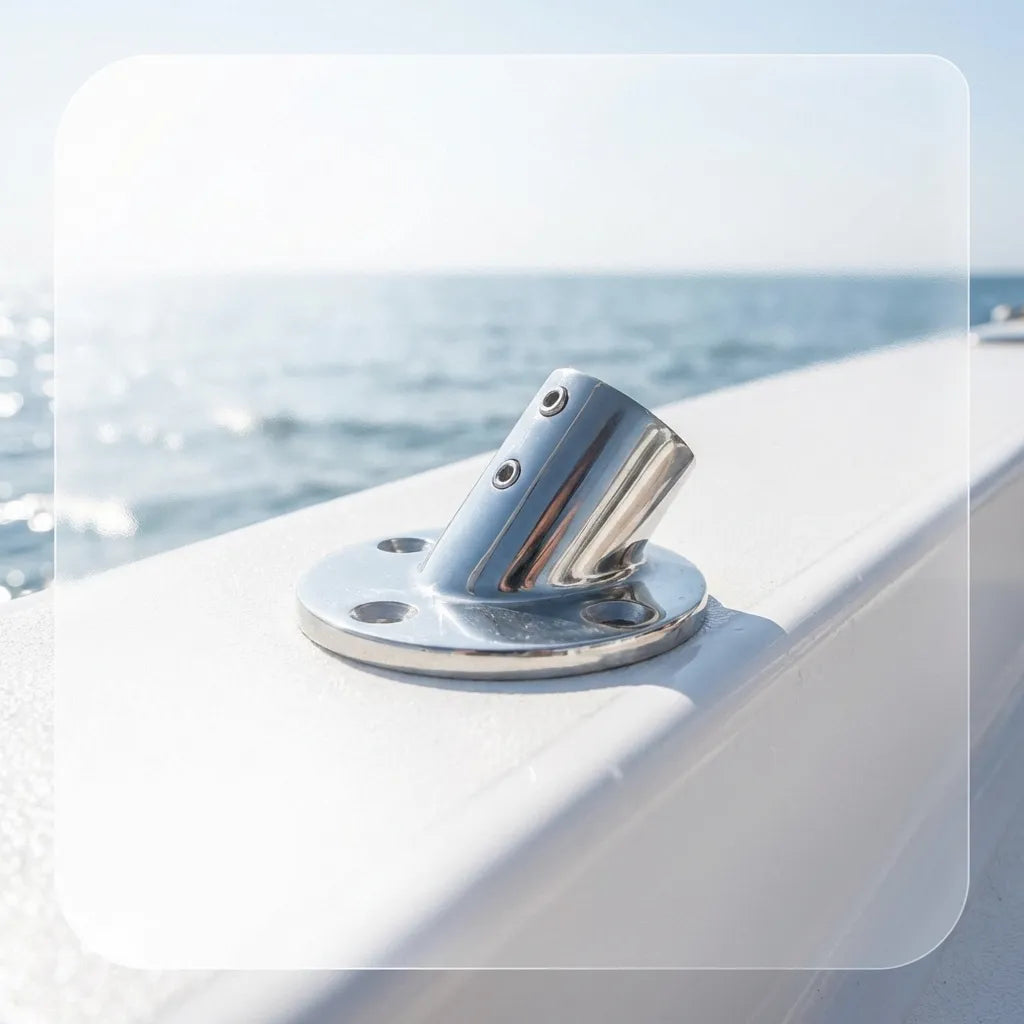The 316 stainless steel 60-degree round base mounted on a white fiberglass boat deck overlooking the ocean.