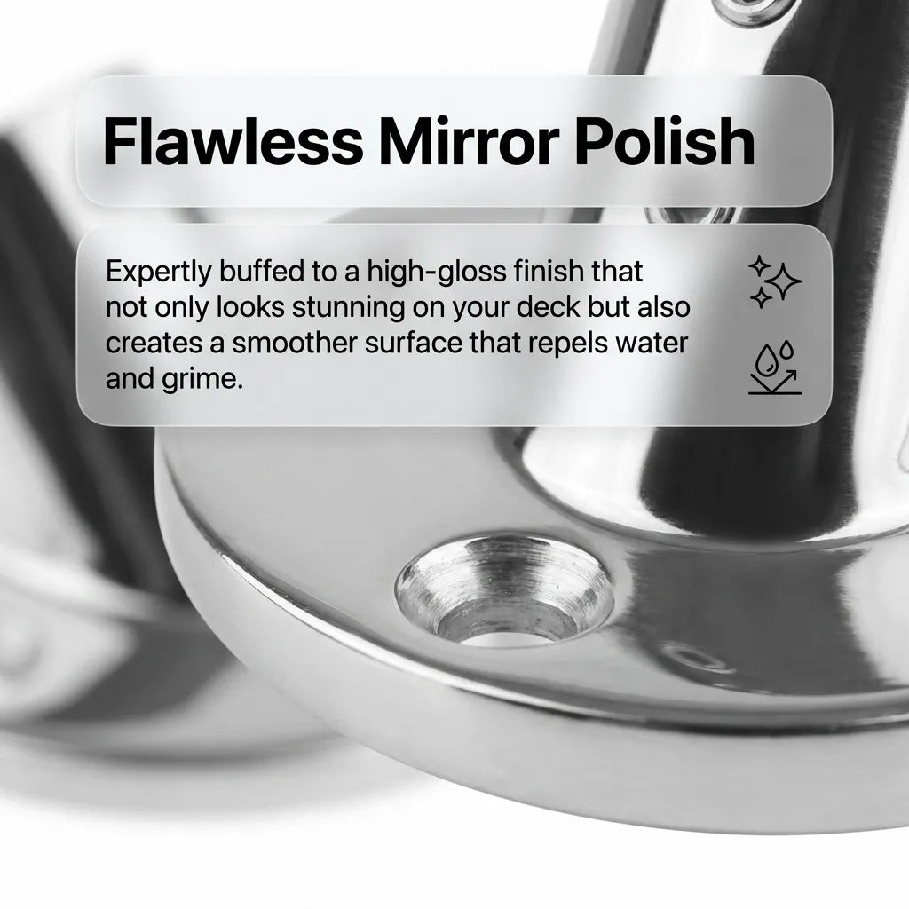 Close-up macro detail of the flawless mirror polish finish on the marine-grade stainless steel base showing the countersunk screw hole.