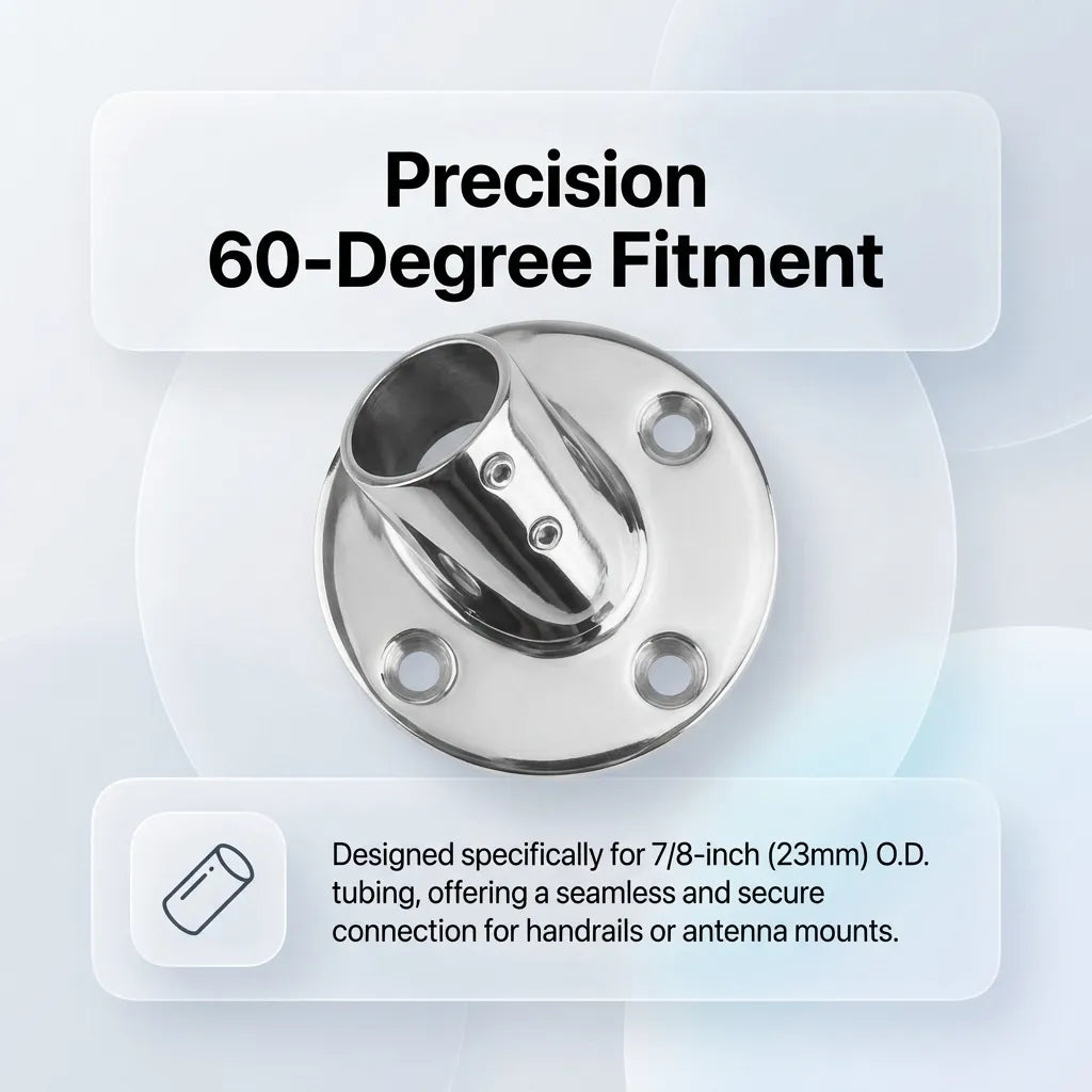 Infographic highlighting the precision 60-degree fitment designed specifically for 7/8-inch (23mm) outer diameter marine tubing.