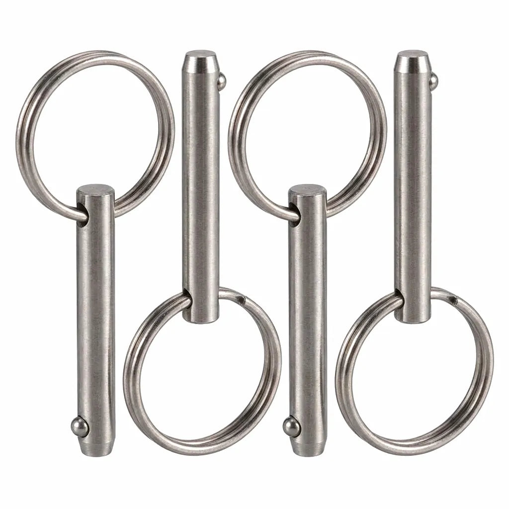 Set of four 316 stainless steel quick release pins with pull rings on a clean white background, showcasing mirror-polished finish and ball detent mechanism.