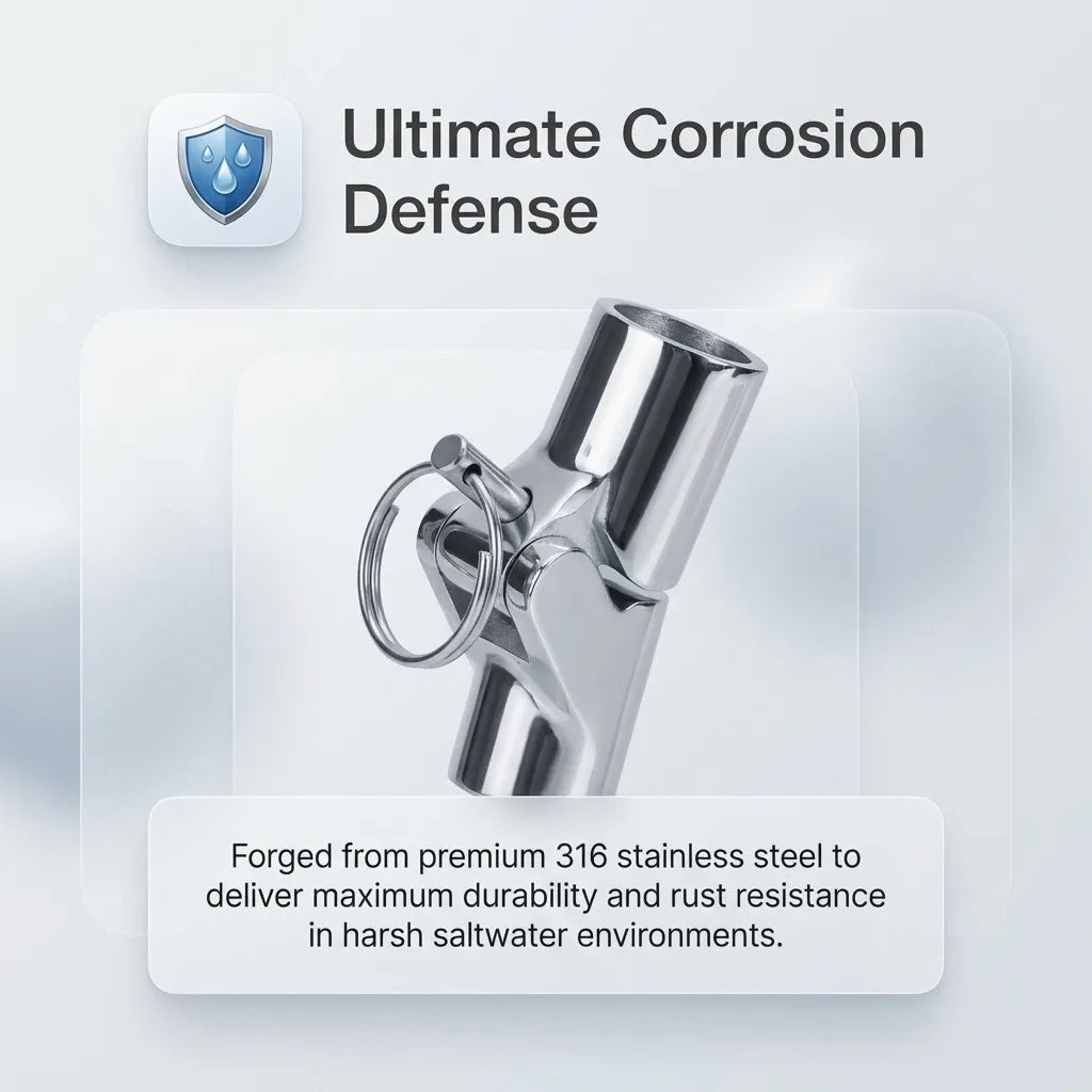 Infographic showing the swivel joint with text emphasizing ultimate corrosion defense and premium 316 stainless steel material for saltwater.