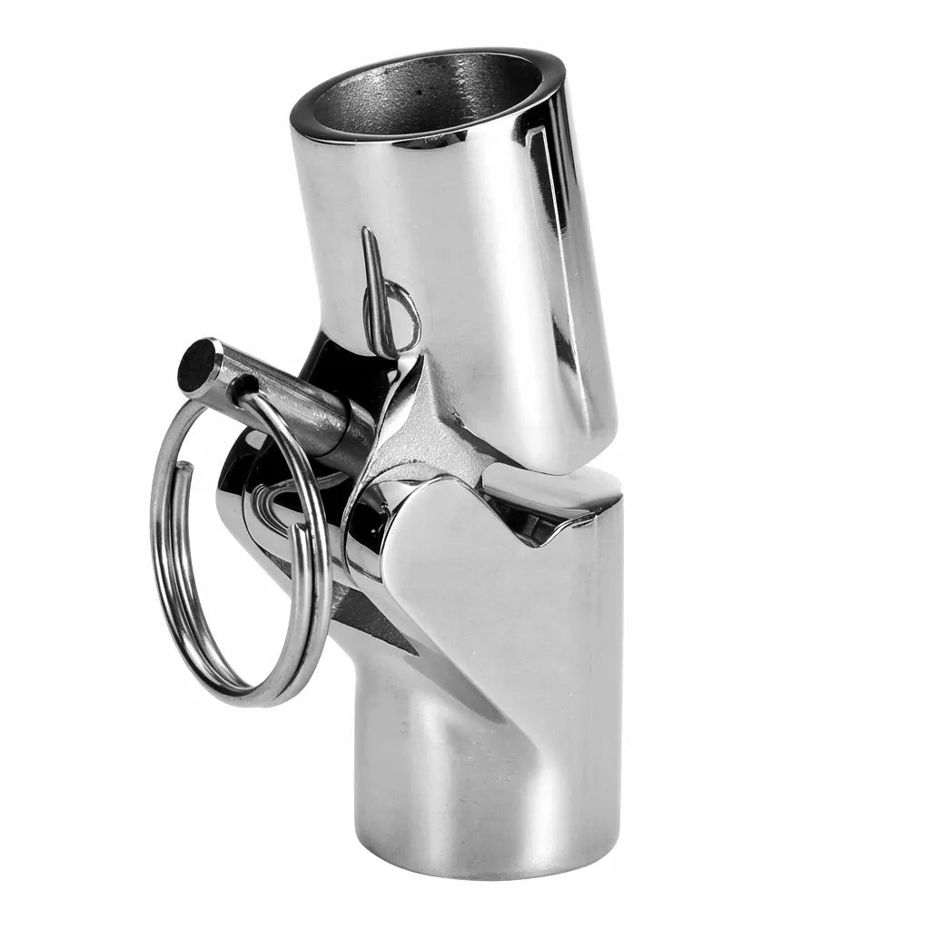A high-precision 316 stainless steel folding bimini swivel joint with a mirror-polished finish and quick-release detent pin, shown on a white background.