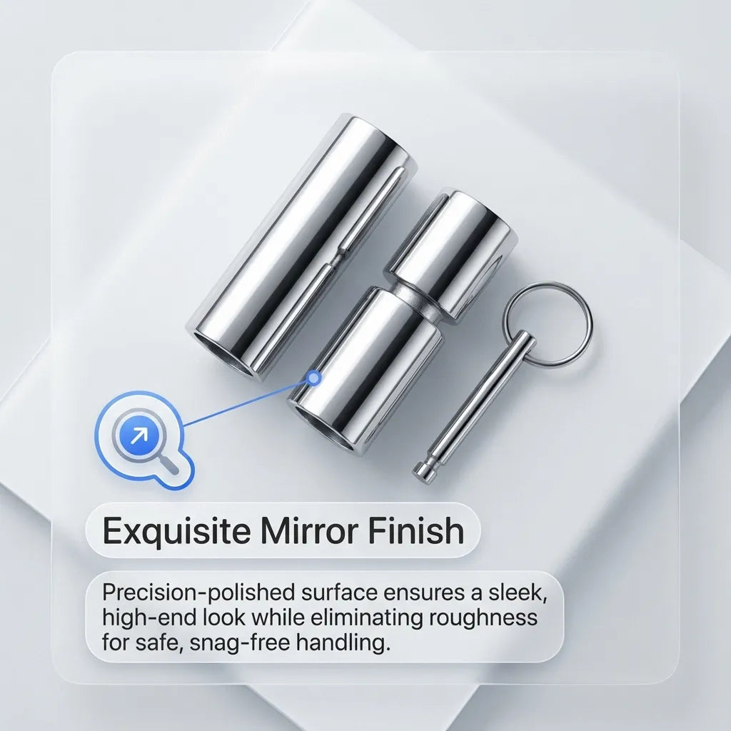 Exploded-style view of the swivel joint components showing the precision-polished surface and the included pull-ring locking pin.