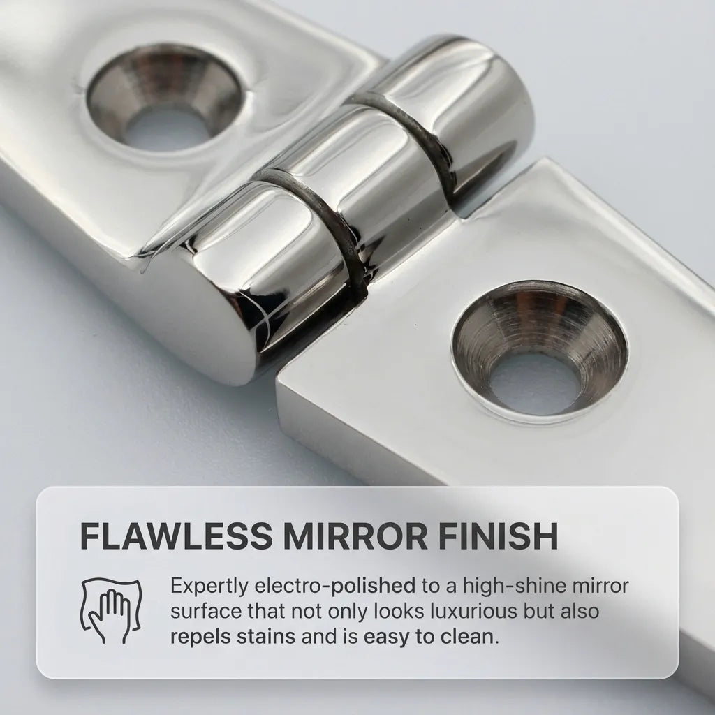 Macro view of the electro-polished mirror finish on the stainless steel hinge, highlighting the smooth surface and precision-rounded edges.