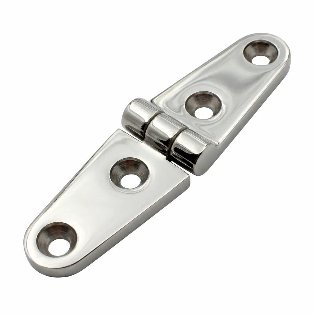 Hero shot of a Grade 316 stainless steel boat butt hinge on a white background, featuring a high-shine mirror polished finish and four countersunk mounting holes.