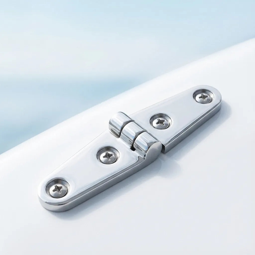 Lifestyle view of the DHTONG 316 stainless steel hinge installed on a white fiberglass boat deck hatch using four Phillips head screws.