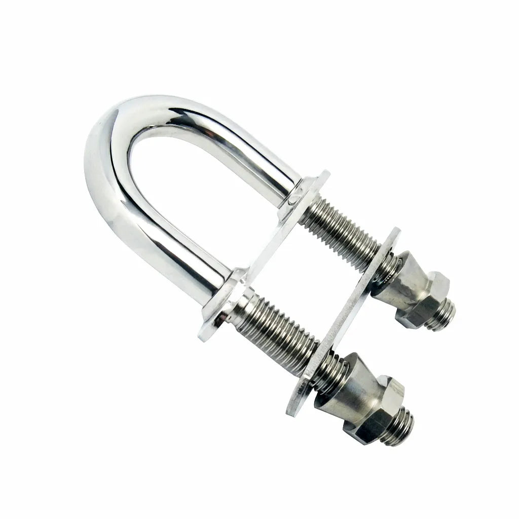 Mirror-polished 316 stainless steel boat bow and stern eye U-bolt with backing plate, washers, and nylon lock nuts on a white background.