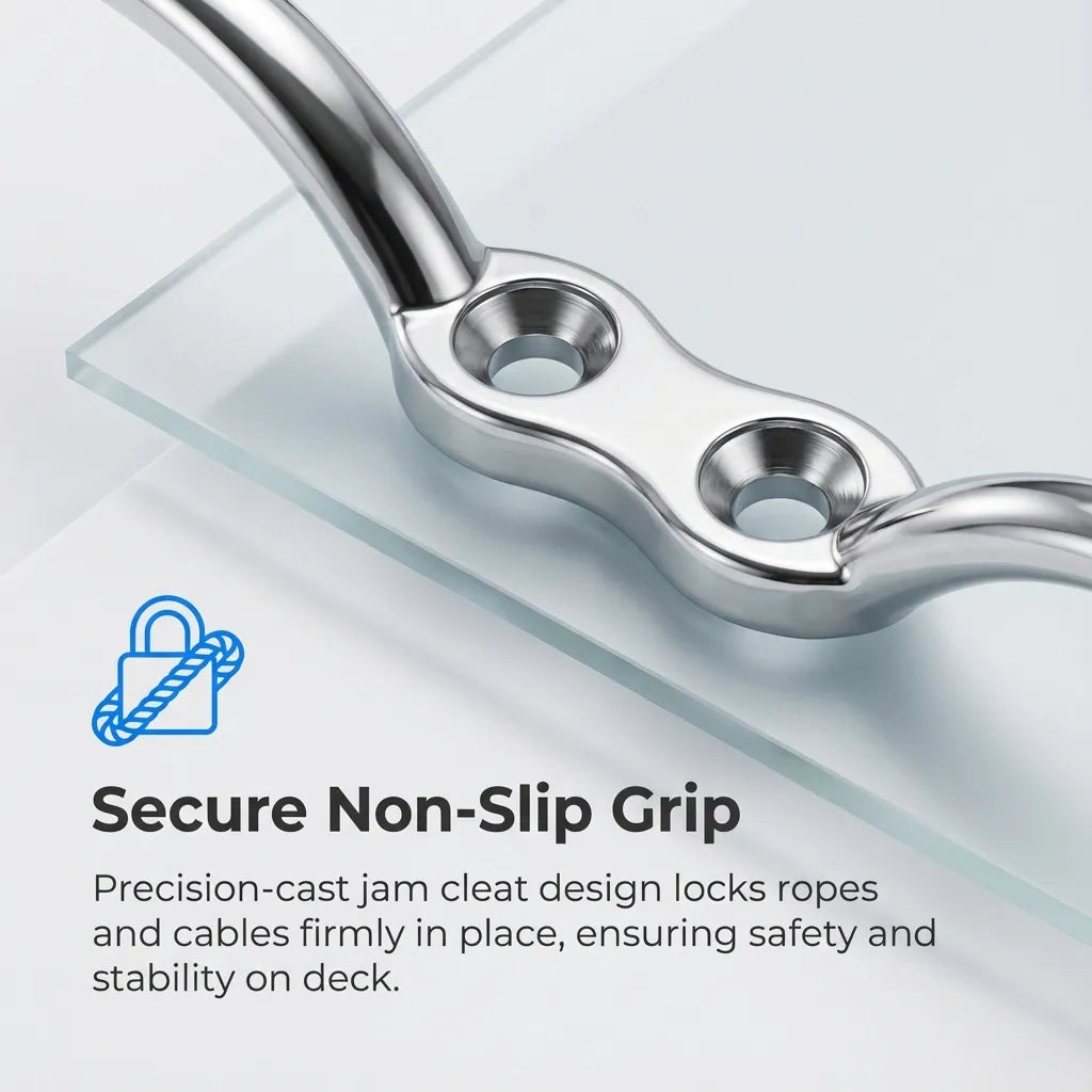 Detail view of the jam cleat's internal grip surface designed to lock ropes and cables firmly on deck.