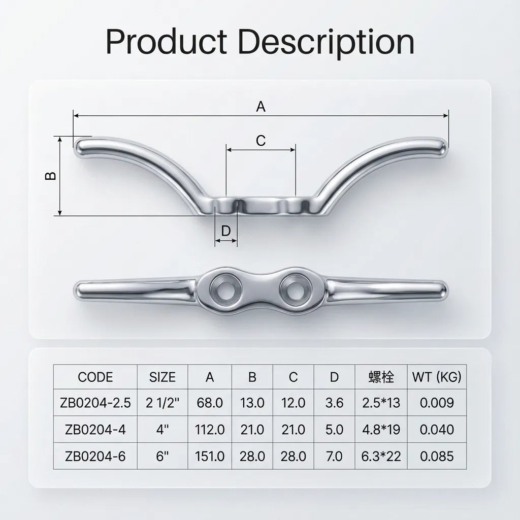 OCR Diagram: Spec sheet for ZB0204 series clam cleats showing sizes 2-1/2 inch, 4 inch, and 6 inch with weights and mounting hole spacing.