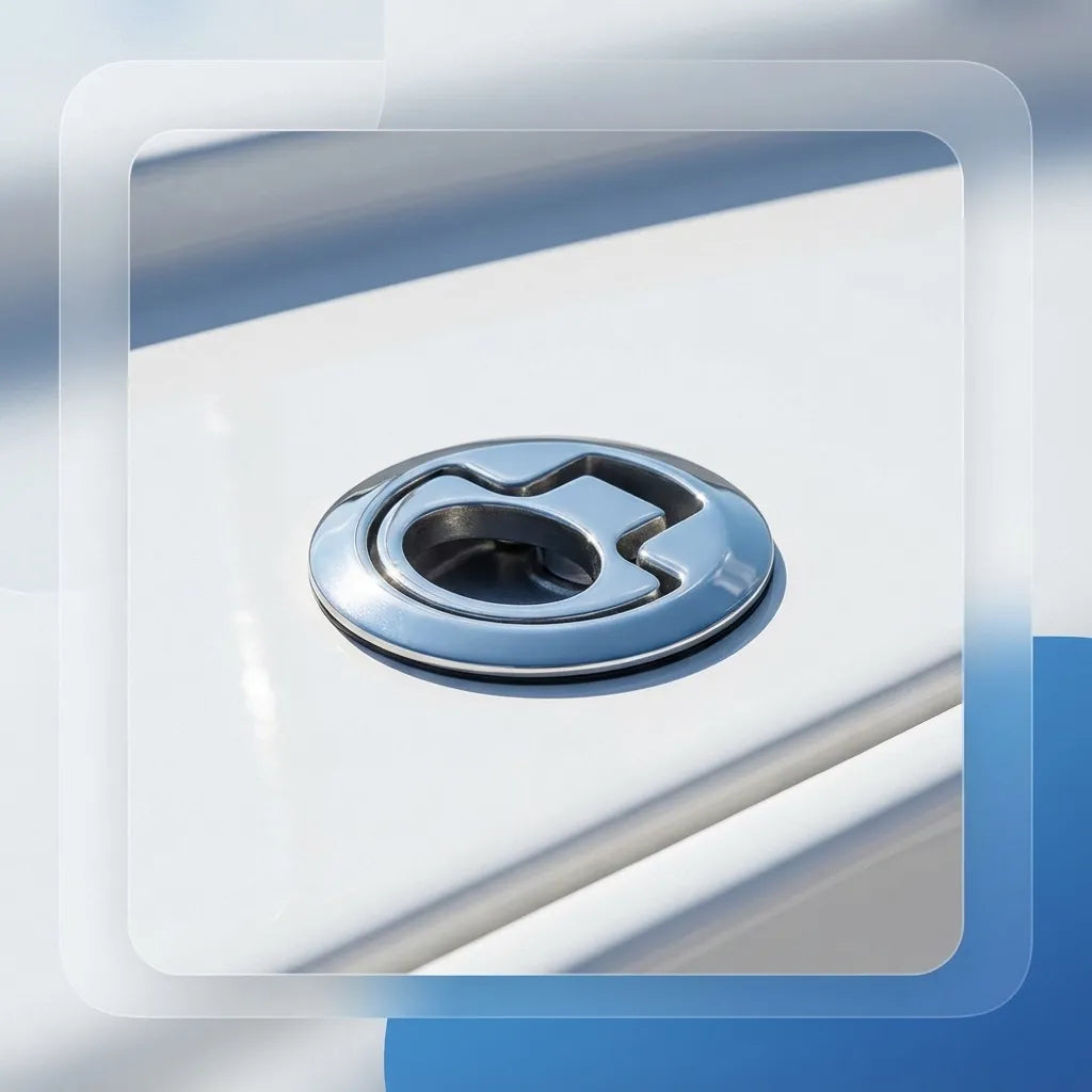 Close-up view of a stainless steel slam latch installed flush on a white fiberglass boat deck highlighting its sleek low-profile design.