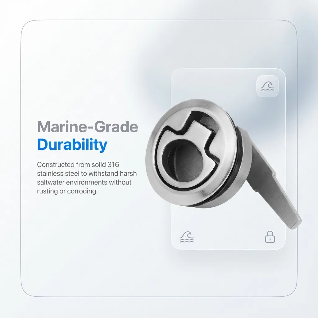 Infographic explaining the marine-grade durability of the solid 316 stainless steel construction for saltwater environments.