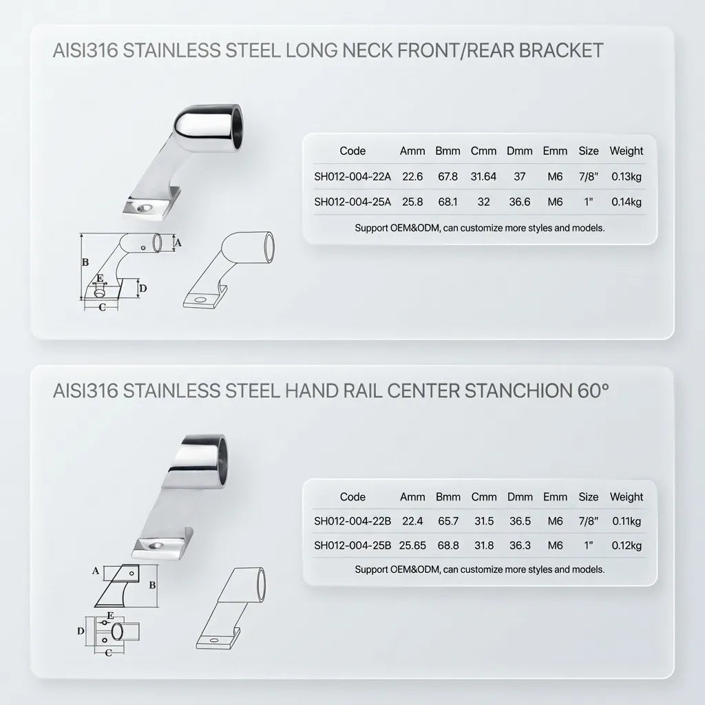 Detailed specification table for SH012-004-22A and 25A series stanchions with millimeter measurements and tube size compatibility.