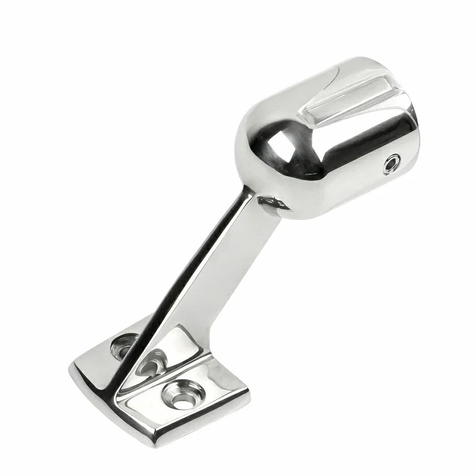 Mirror-polished 316 stainless steel boat handrail stanchion base with 60-degree angled support arm on a clean white background.
