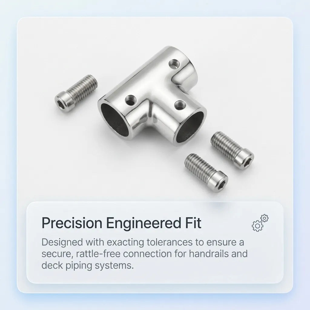 Close-up of a disassembled marine T-joint showing precision-threaded hex set screws and high-tolerance interior bore.