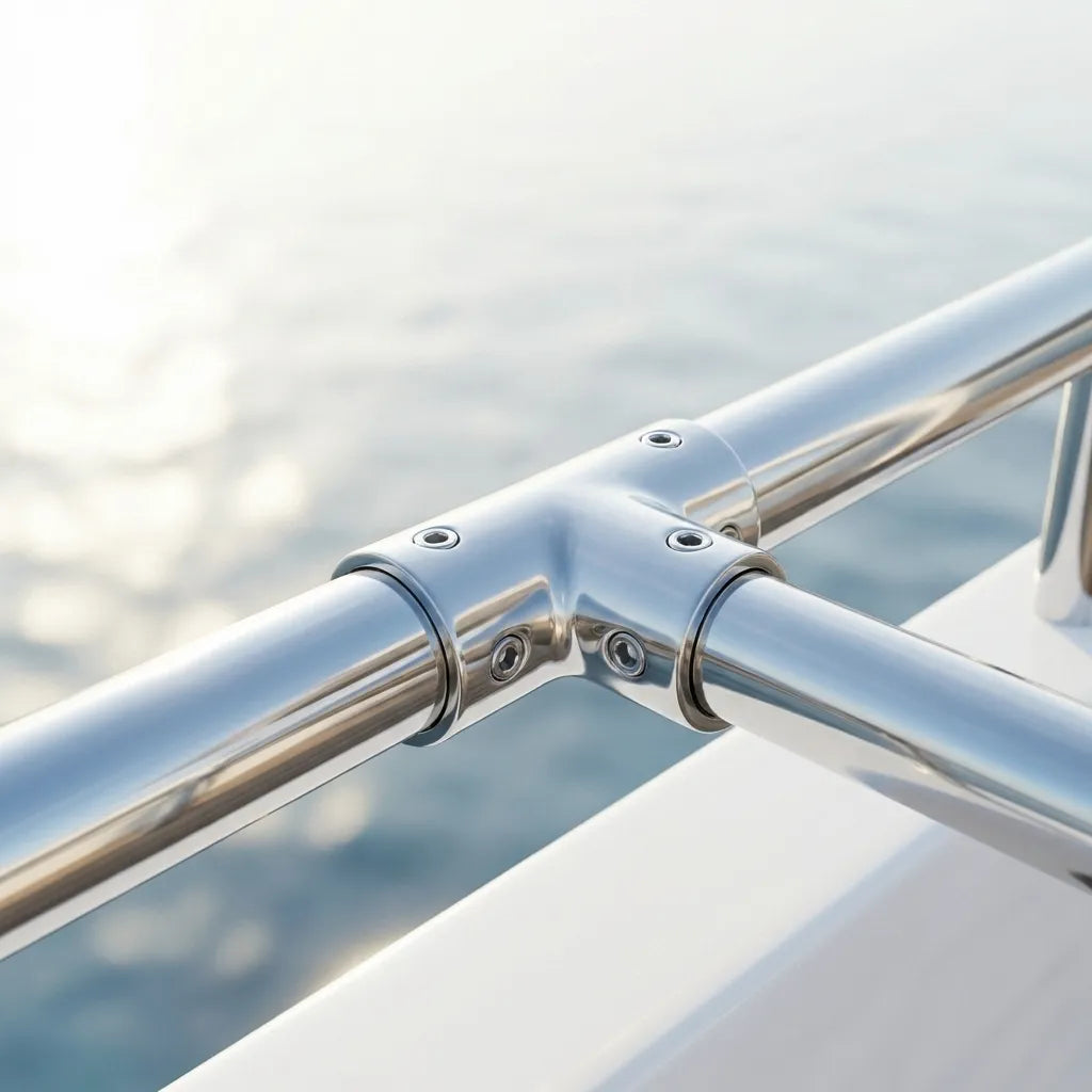 Detailed view of the 316 stainless steel tee connector installed on a yacht handrail with ocean background.