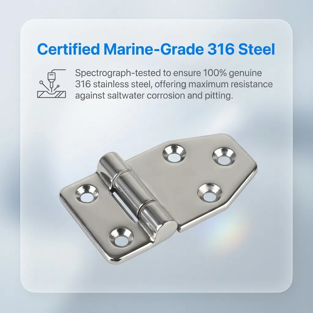 Infographic stating the hinge is spectrograph-tested for 100% genuine 316 stainless steel to ensure maximum saltwater corrosion resistance.