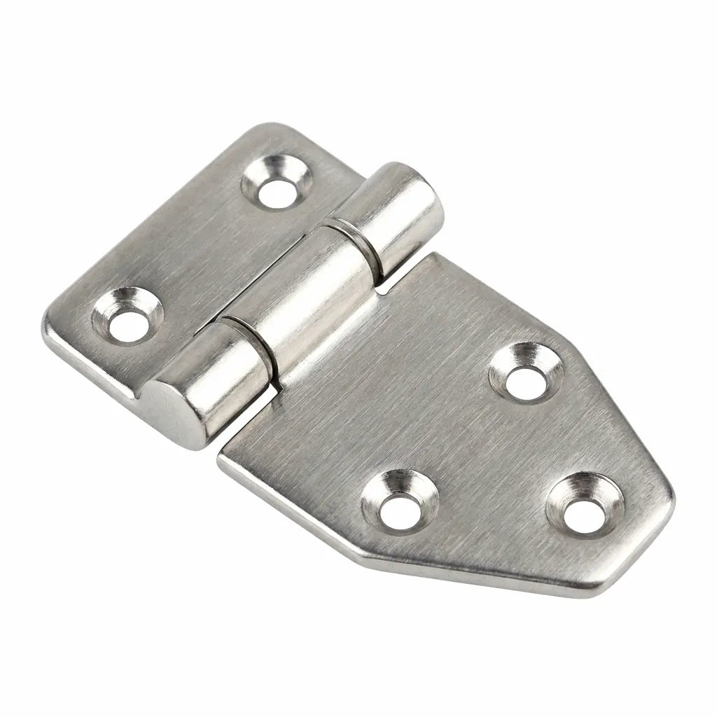 Top-down view of a 316 marine-grade stainless steel offset hinge with a mirror-polished finish and five counter-sunk mounting holes on a pure white background.