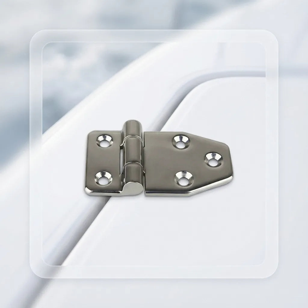 A heavy-duty stainless steel offset hinge installed on a white fiberglass marine hatch door showing the flush-mount application.