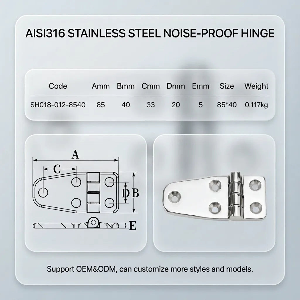 Technical specification sheet for SH018-012-8540 hinge showing dimensions A 85mm, B 40mm, C 33mm, D 20mm, and E 5mm with a weight of 0.117kg.