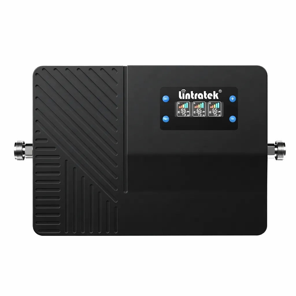 Lintratek Marine 4G 5G cell phone signal booster, black polymer chassis with textured left panel, digital display showing signal strength and gain, two N-type coaxial connectors on sides.