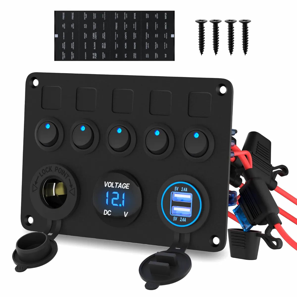 Marine 5-Button Switch Panel with Dual USB 2.4A Ports, Digital Voltmeter, and Cigarette Lighter Socket