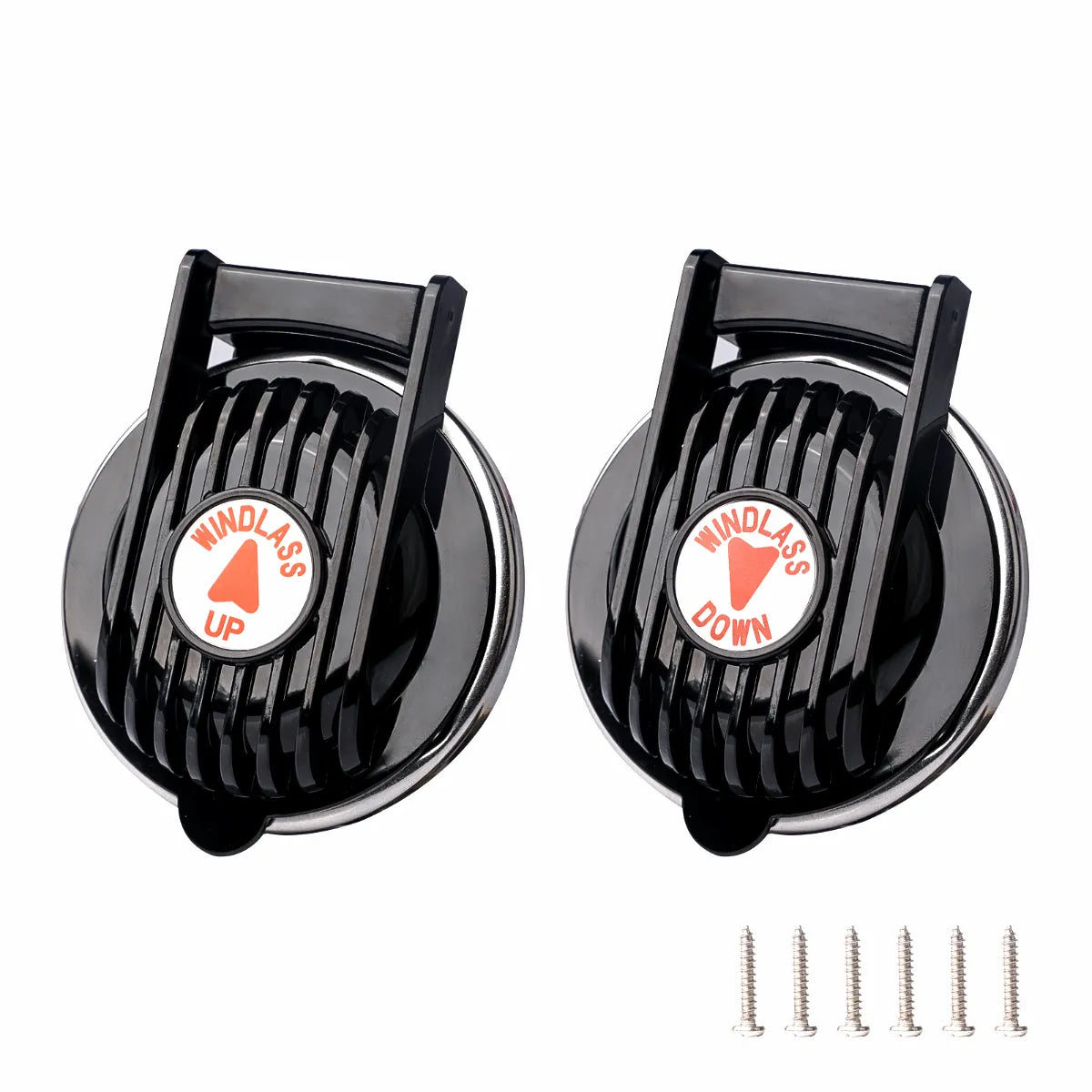 Pair of marine anchor windlass foot switches, black PC housing with mirror-polished 304 stainless steel trim, white circular buttons with red 'WINDLASS UP' and 'WINDLASS DOWN' arrows, six stainless steel mounting screws displayed below.