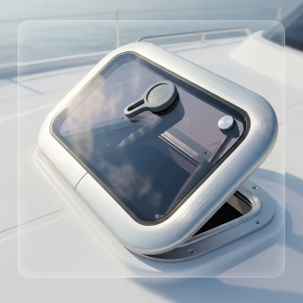 Perspective view of the marine hatch installed on a yacht deck, shown in the open position with the triangular support arm visible.