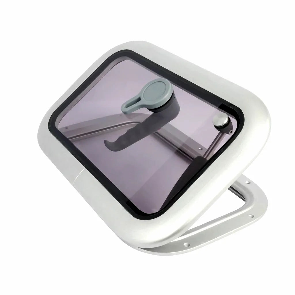 Hero shot of an open marine deck hatch featuring a precision anodized aluminum alloy frame and smoky tinted acrylic window on a white background.