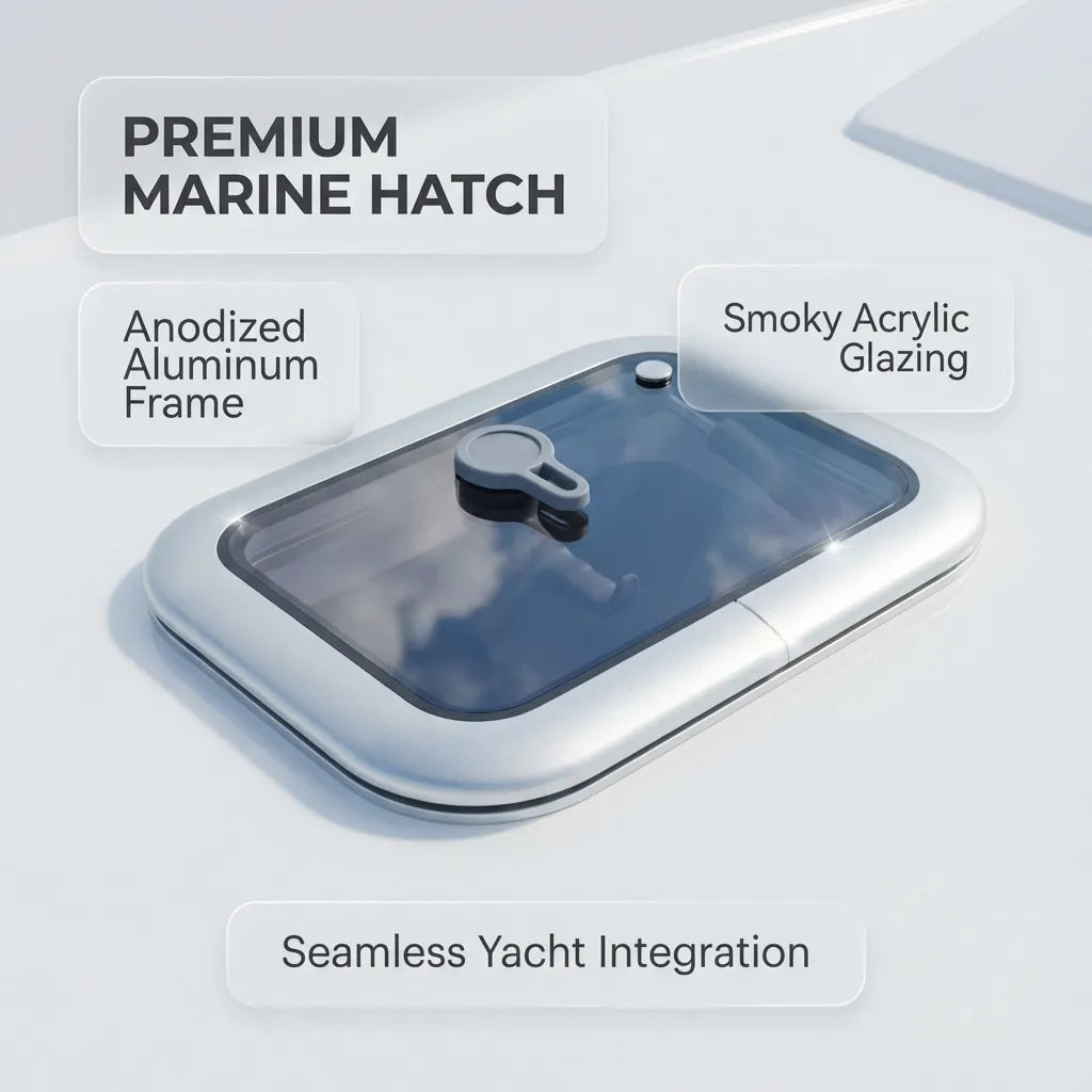 The marine hatch installed flush on a white yacht deck, demonstrating the low-profile design and smoky acrylic glazing reflecting the sky.