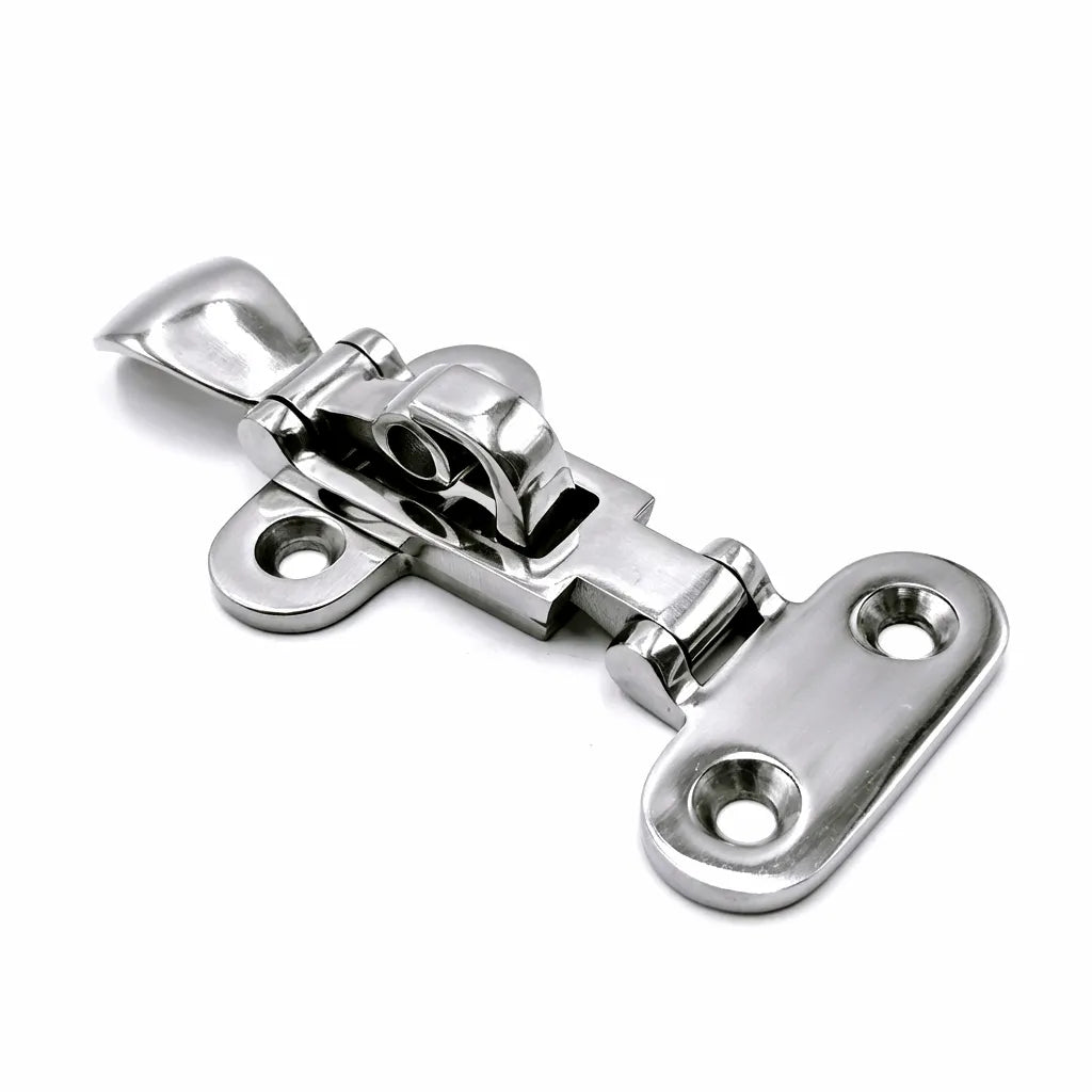 A high-precision AISI 316 stainless steel anti-rattle hatch latch for marine vessels, shown from a perspective view on a pure white background.