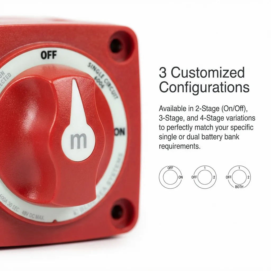 Close-up of the red tactile selector knob and the OFF-ON labeling on the marine circuit isolation ring.