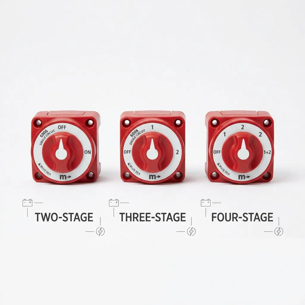 Three variations of the m-Series battery switch: 2-stage (ON-OFF), 3-stage (1-2-OFF), and 4-stage (1-2-BOTH-OFF).