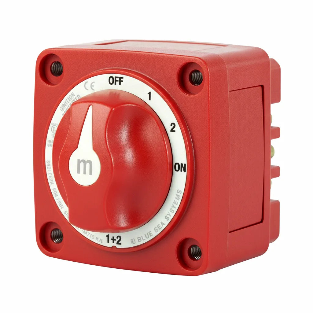 High-current 300A marine battery selector switch with 1, 2, 1+2, and OFF positions on a white background.