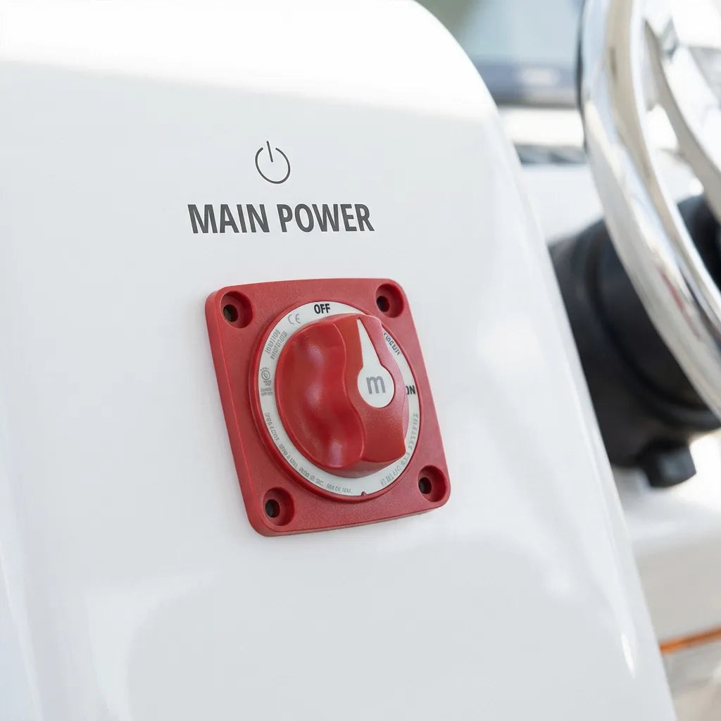Red marine battery disconnect switch installed on a white fiberglass vessel console labeled Main Power.