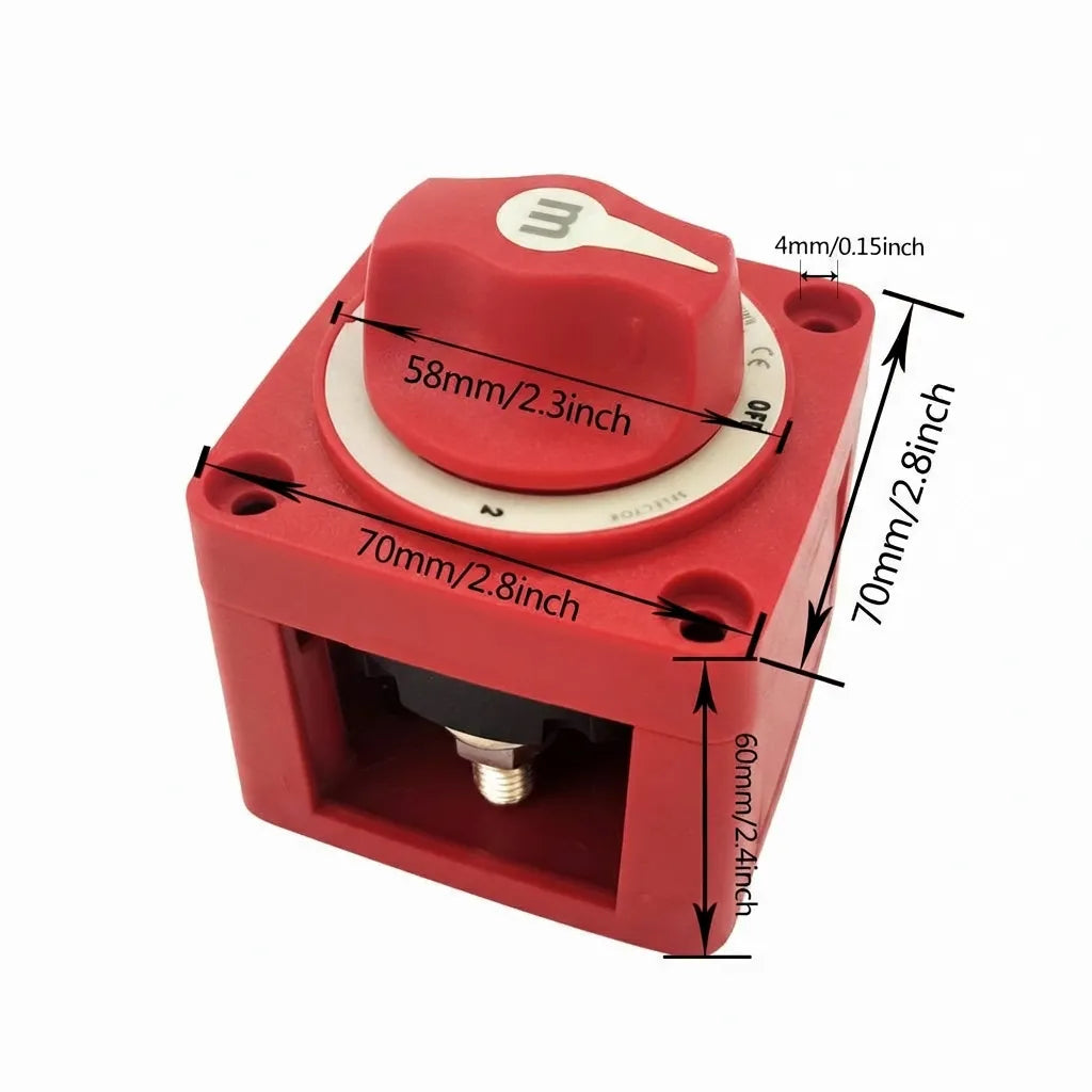 Dimensional diagram showing 70mm x 70mm footprint and 60mm depth with 4mm mounting holes for marine battery switch.