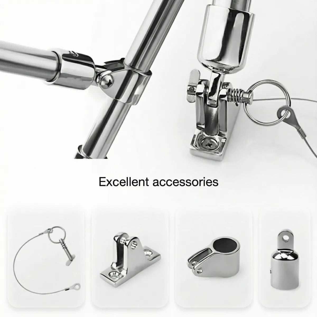 Composite view of 316 stainless steel marine accessories including spring-loaded clips, deck hinges, and tube ends.
