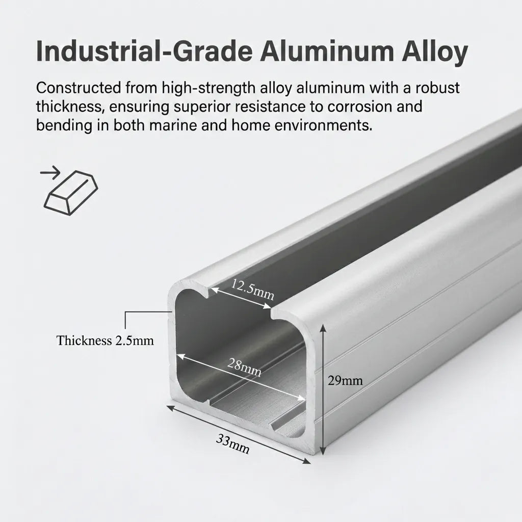 Technical diagram showing track dimensions: 33mm width, 29mm height, 2.5mm wall thickness, and 12.5mm slot width.