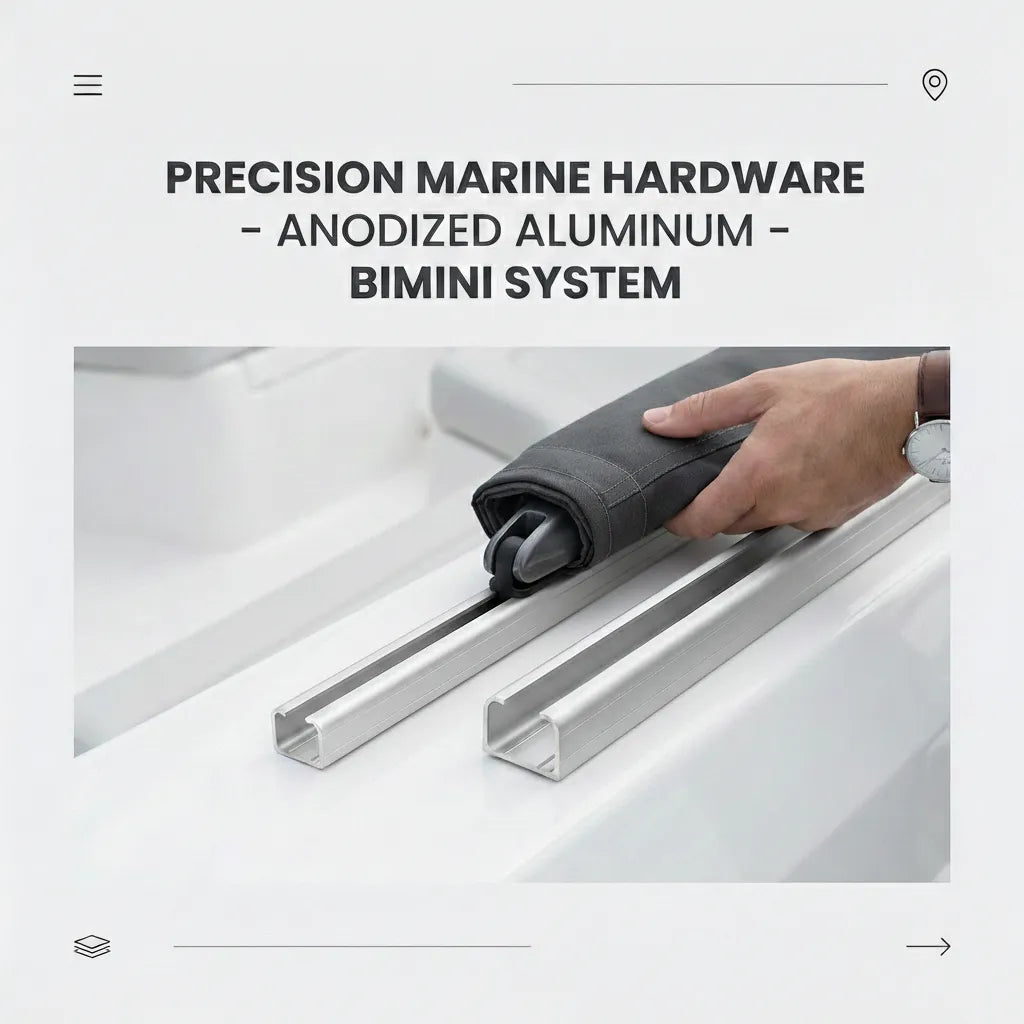 Close-up of a hand sliding a grey bimini top fabric end into the aluminum slide track for secure mounting.