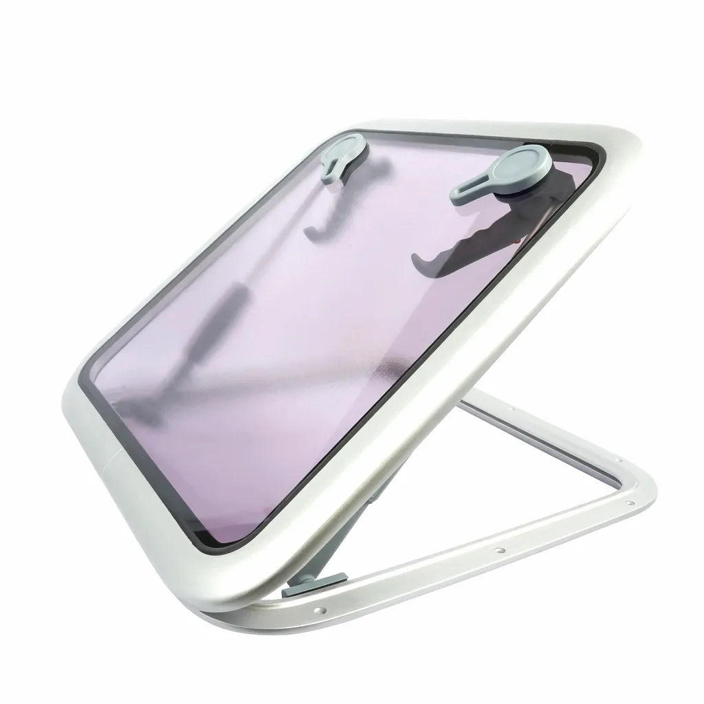 Hero shot of a square marine boat hatch with an open anodized aluminum frame and tinted acrylic window against a white background.