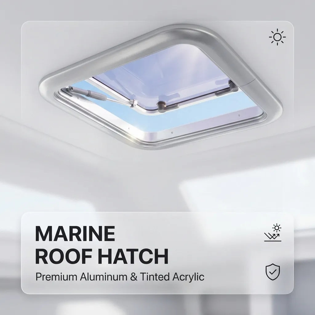 Interior cabin view of the marine roof hatch serving as a skylight, showcasing light transmission through the tinted acrylic glazing.