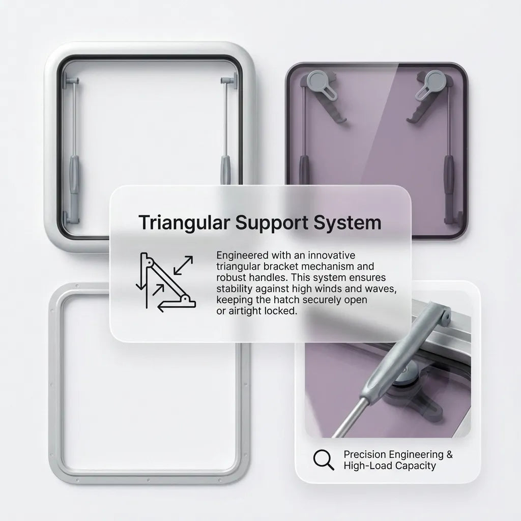Technical infographic showing the triangular bracket mechanism and robust handles for airtight locking and wind stability.