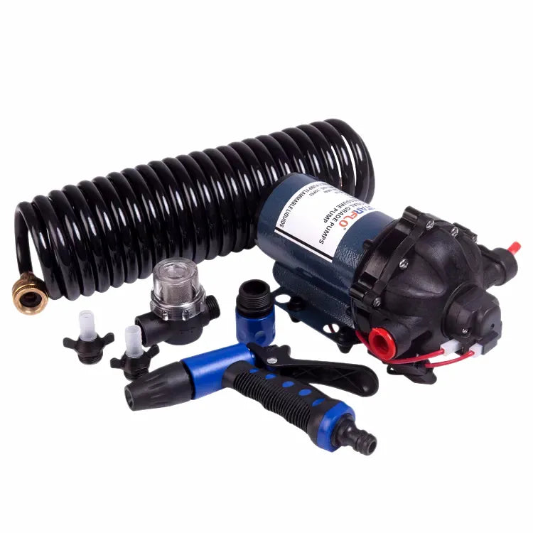 STARFLO 12V/24V DC electric marine deck washdown pump kit with high-pressure nozzle, coiled hose, filter, and various connectors on white background