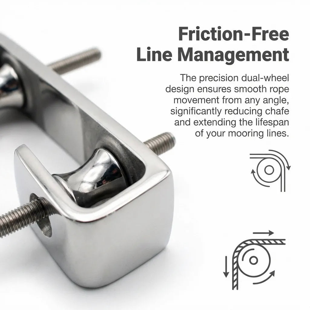 Close-up of the dual-wheel roller design showing friction-free line management for mooring ropes.