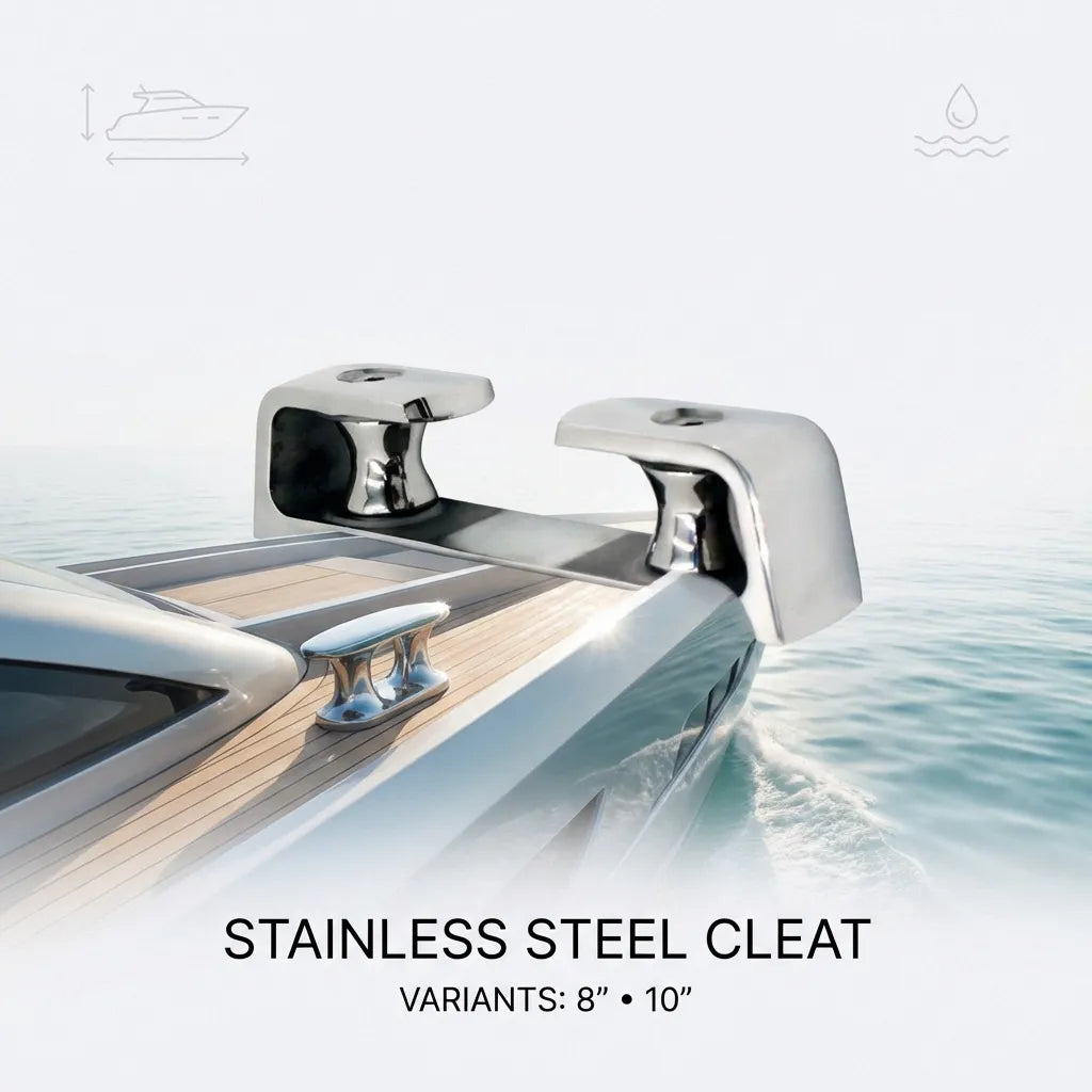 A high-gloss stainless steel fairlead mounted on the deck of a luxury white yacht cruising on open water.