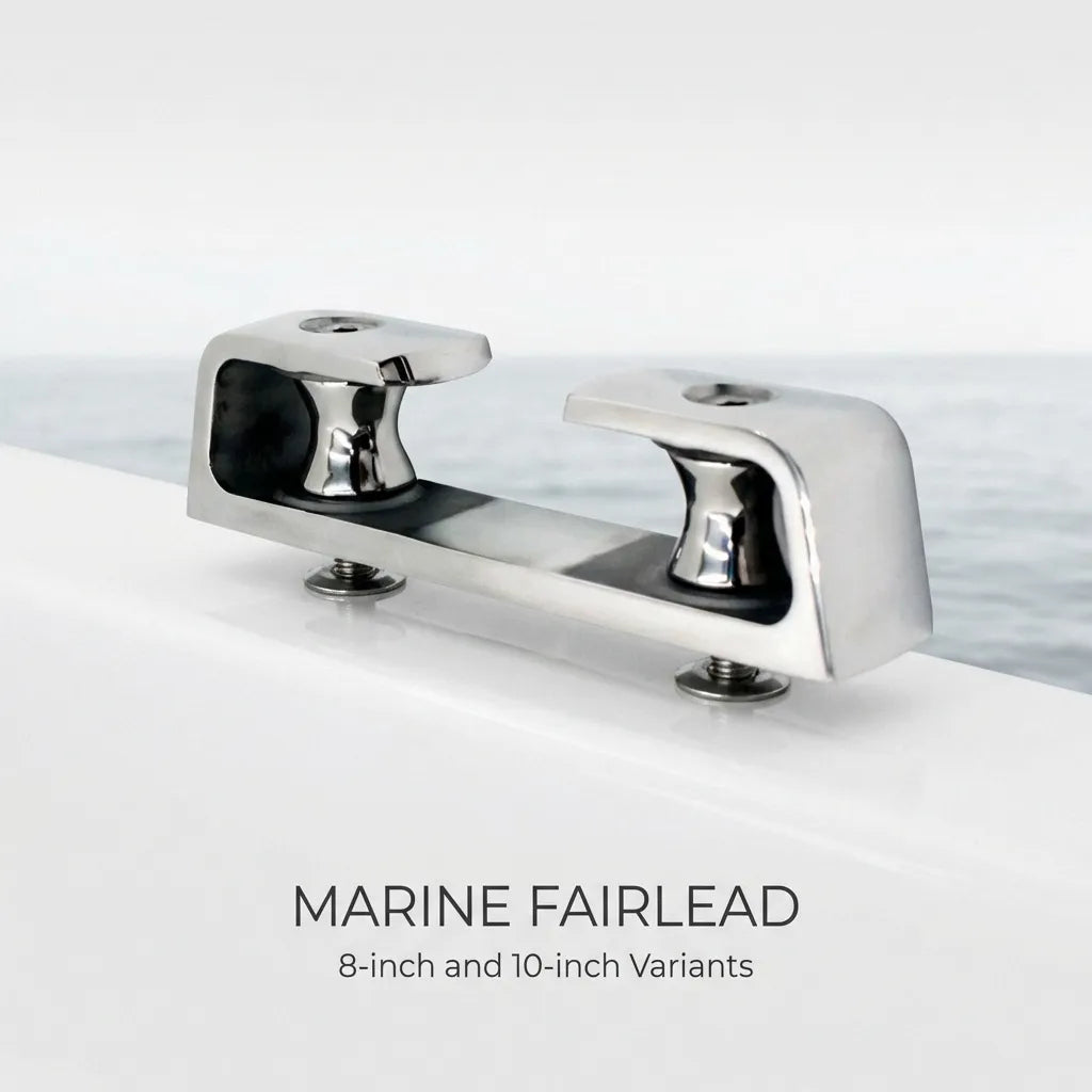 Lifestyle view of a stainless steel marine fairlead installed on a boat gunwale with the ocean in the background.