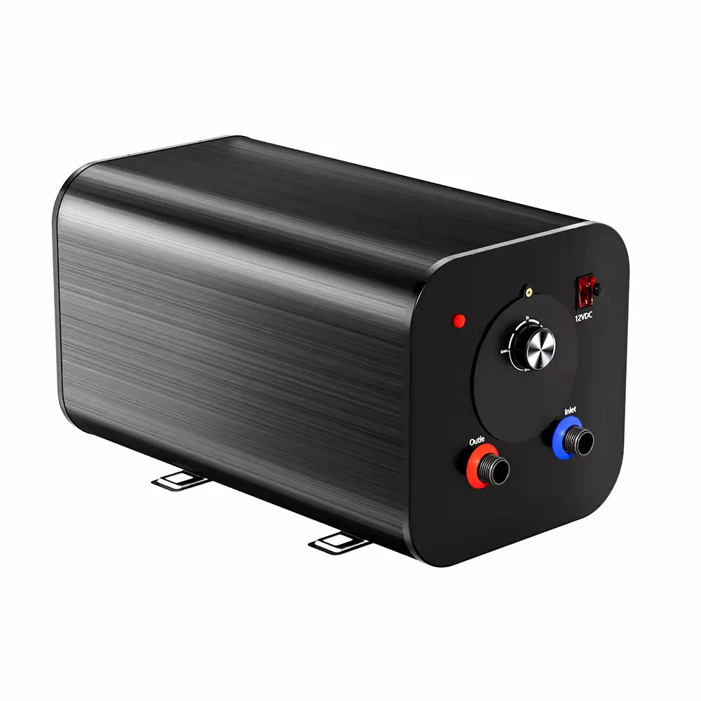 Compact black brushed marine electric water heater with 12VDC power switch, temperature dial, and red 'Outlet' and blue 'Inlet' ports