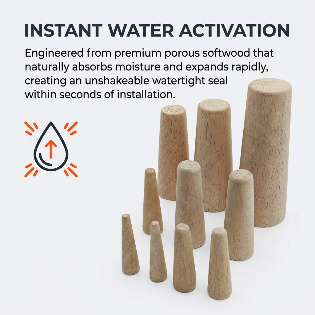 Infographic titled 'Instant Water Activation' explaining how premium porous softwood expands rapidly when wet to create a watertight seal.