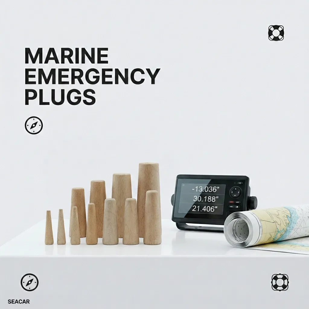 Assorted wooden leak repair plugs displayed next to a marine GPS chart plotter and rolled nautical charts.