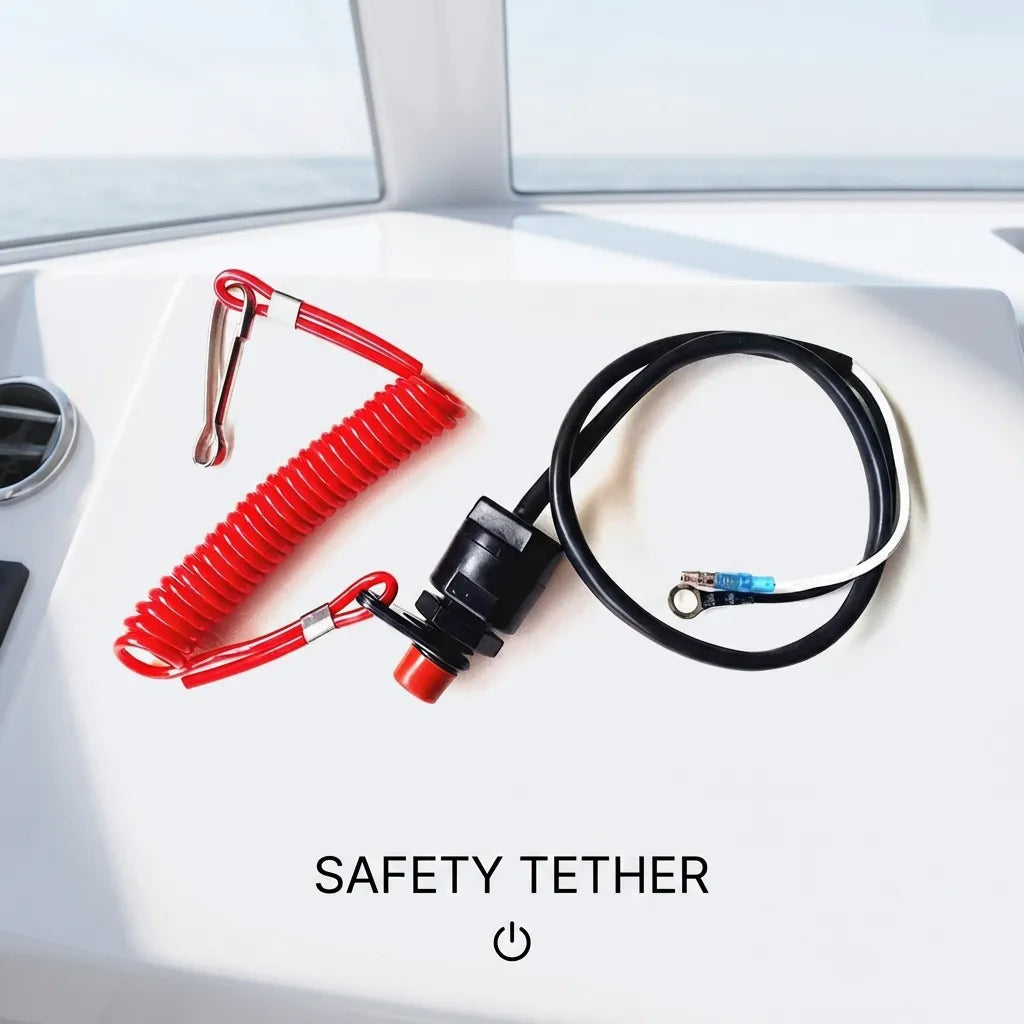 The engine stop switch installed on a white marine vessel dashboard showing the red safety tether.